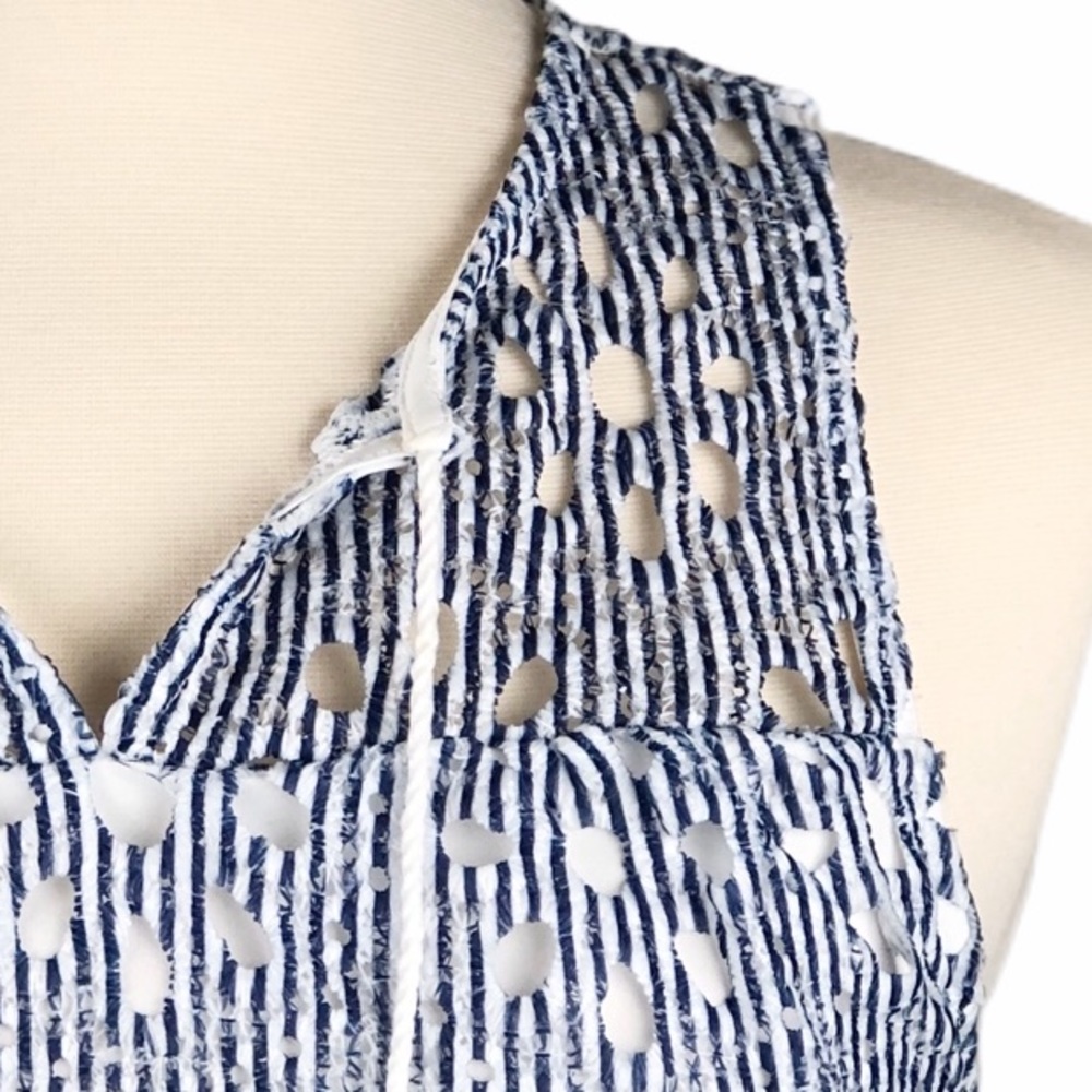 Sleeveless Top Blue White Stripes Lace Tassel XS - Picture 2 of 8